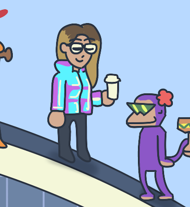 A cartoon-style illustration showing a person with brown hair and glasses wearing a teal and purple jacket holding a coffee cup, standing next to a purple monkey character wearing sunglasses and a flower, holding maracas.