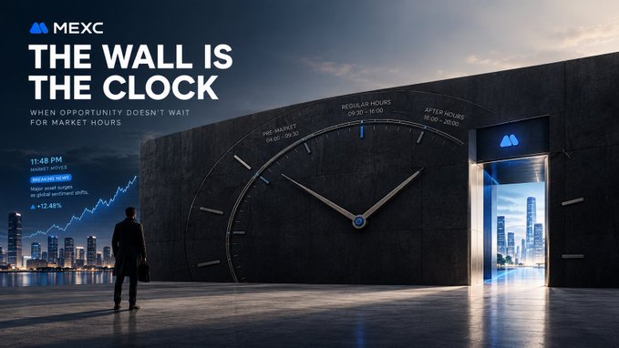 A promotional graphic for MEXC with the text 'THE WALL IS THE CLOCK' and 'WHEN OPPORTUNITY DOESN'T WAIT FOR MARKET HOURS', featuring a large clock face and market data.