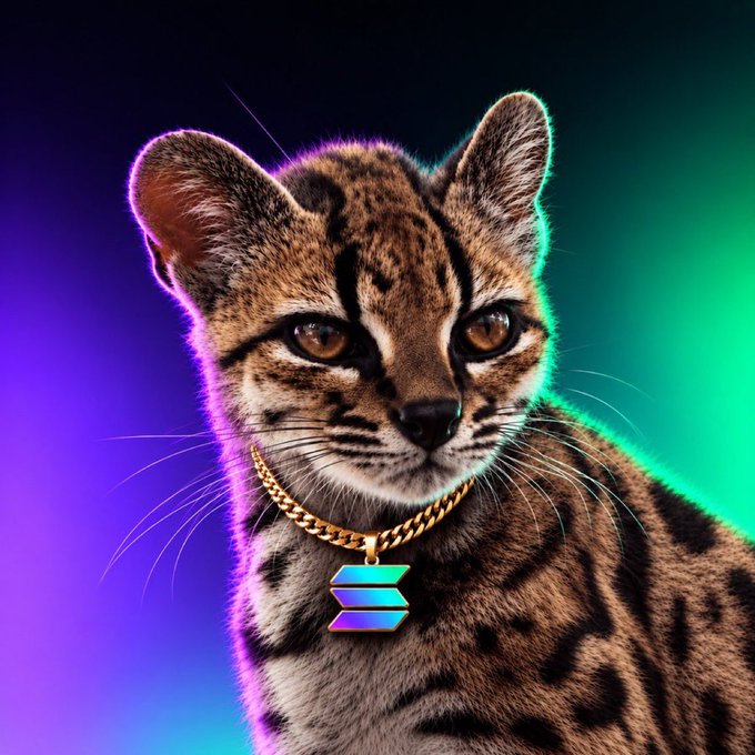 A digital artwork of a tabby kitten wearing a gold chain necklace with a Solana (SOL) logo pendant, set against a purple and teal gradient background.