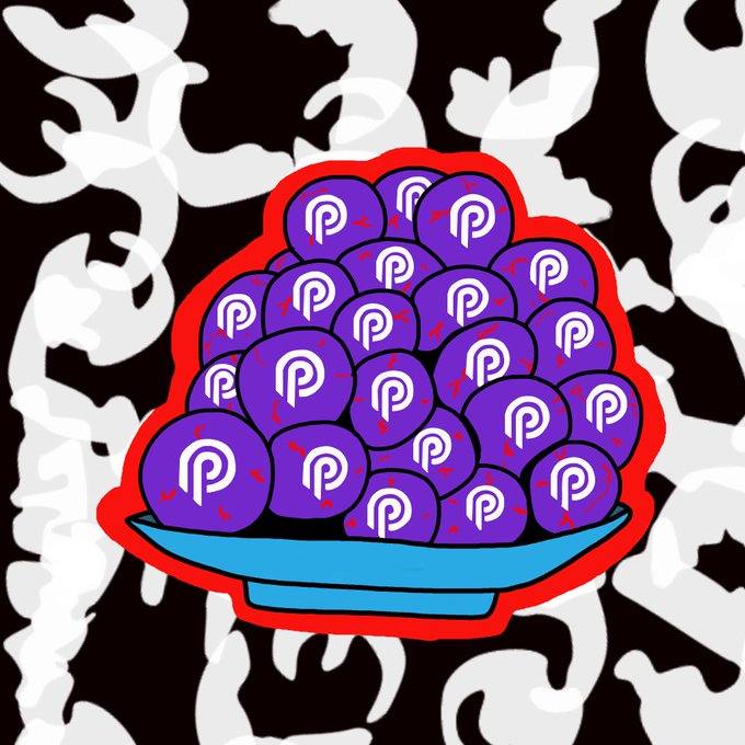 A cartoon drawing of a red-rimmed bowl filled with purple orbs, each marked with the "P" symbol for Polygon cryptocurrency.
