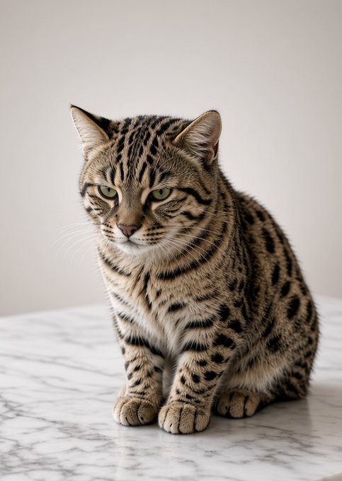 A spotted tabby cat with black stripes sitting on a white marble surface against a plain light background.