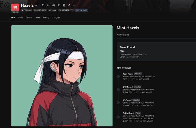 A digital collectible item page for 'Mint Hazels' on an Ethereum-based marketplace displays an anime-style female character and a MINT SCHEDULE with upcoming rounds like 'Team Round', 'GTO Round', and 'WL Round'.