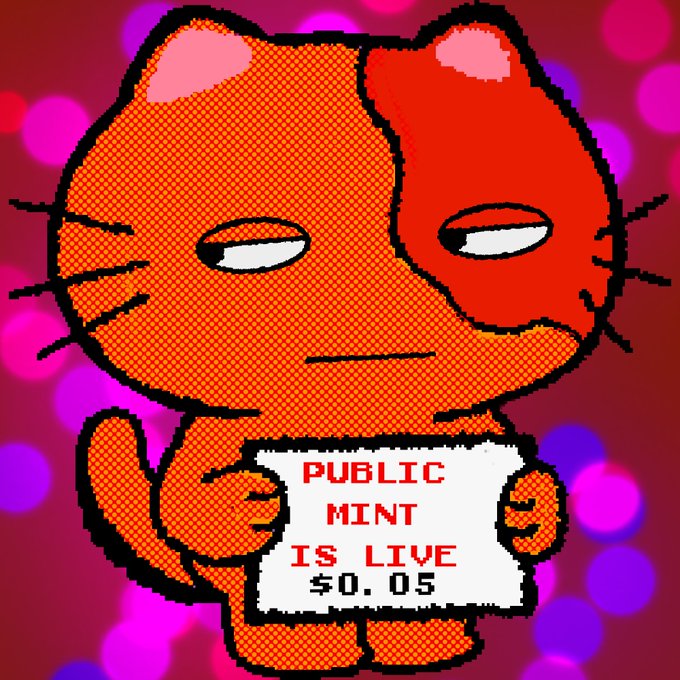 A pixel-art style cartoon cat holding a sign that reads 'PUBLIC MINT IS LIVE $0.05' against a polka-dot background.