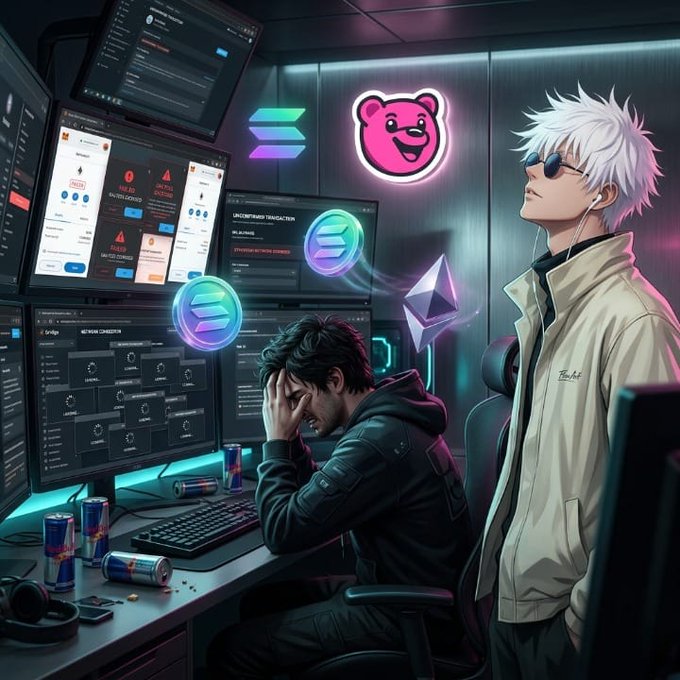 The image features two men sitting at a desk with computer monitors in front of them, likely working or playing an online game together. One man has his head down while the other one looks up from his monitor. The background includes several computer screens displaying various information, and there is also a pink bear logo on the wall above the monitors.
