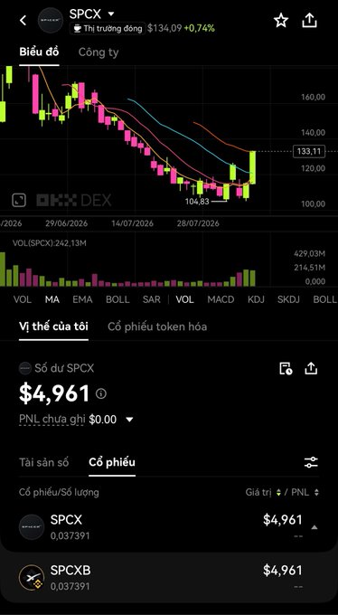 Mobile trading app screenshot showing the SPCX token price chart on OKX DEX, with a current price of $133.11 and portfolio holdings showing $4,961 in SPCX and SPCXB.