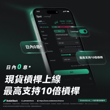 Mobile trading app advertisement for StableStock with Chinese text promoting leveraged spot trading, including phrases like '日内0息*', '现货杠杆上线', and '最高支持10倍杠杆'.