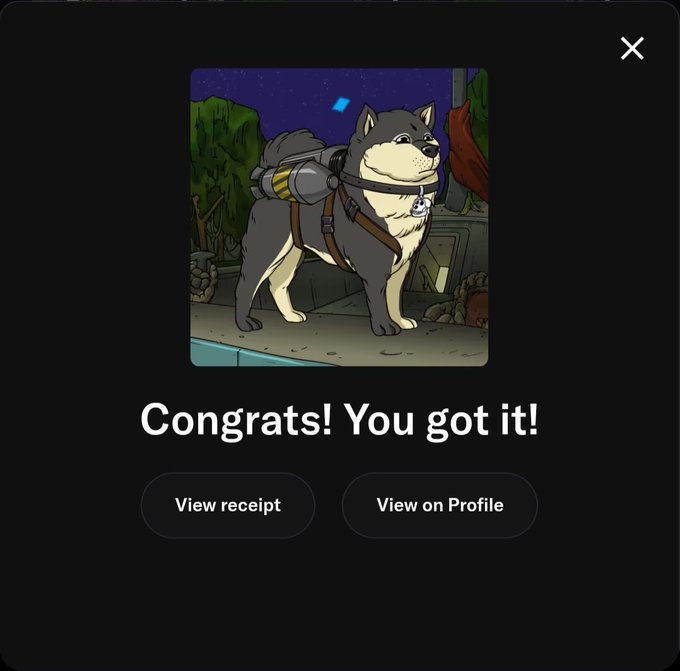 A digital congratulatory screen displaying a cartoon illustration of a Shiba Inu dog wearing a jetpack harness, with text reading 'Congrats! You got it!' and buttons for 'View receipt' and 'View on Profile'.
