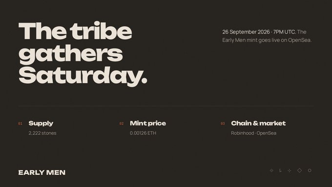 A minimalist black promotional graphic for the "EARLY MEN" NFT collection mint, featuring bold white text announcing "The tribe gathers Saturday." alongside key details: 2,222 stones supply, 0.0012 ETH mint price, and availability on Robinhood and OpenSea starting 26 September 2026 at 7PM UTC.