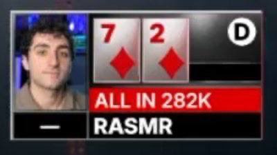 A poker broadcast graphic showing player "RASMR" going "ALL IN 282K" with pocket sevens (7♦ 2♦, though showing 7 of diamonds and 2 of diamonds).
