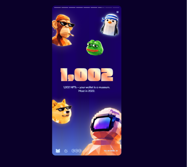A mobile app screenshot displaying "1,002" in large text with the message "1,002 NFTs — your wallet is a museum. Must in 2022," surrounded by various NFT characters including a monkey with sunglasses, a penguin, Pepe frog, Doge, and a pixelated astronaut.