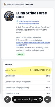 The image shows a Terra Validators details page for "Luna Strike Force BNB," highlighting a voting power of 8,148,572,917 (0.897%), a 2.5% commission rate, and active status, celebrating the validator's 5-month anniversary milestone as mentioned in the accompanying post.