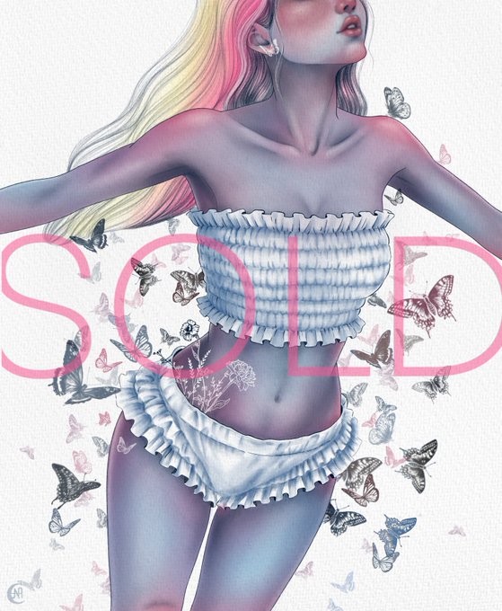 A digital artwork of a pale-skinned woman with flowing blonde and pink hair wearing a light blue ruffled two-piece outfit, surrounded by floating butterflies and a translucent "SOLD" watermark.