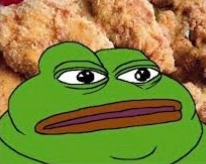 A disappointed Pepe the Frog meme is superimposed over fried chicken, staring longingly at the food. The image humorously illustrates the post's reference to "tendies," meme stock slang for profits, with Pepe's sad expression reflecting the yearning for returns similar to the 2021 meme stock surge alongside tickers like $TENDIES and $INTERN.
