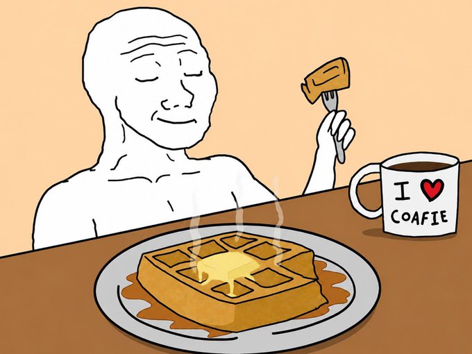 The image is a classic wojak-style illustration of a faceless bald man enjoying a steaming waffle drenched in syrup, with a forkful raised to his mouth and an "I ❤ COAFIE" mug beside him. The cozy breakfast scene pairs perfectly with the optimistic "gm" (good morning) crypto greeting, symbolizing a relaxed, content morning ritual.