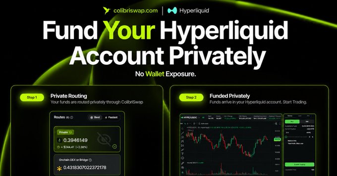 Advertisement banner reading 'Fund Your Hyperliquid Account Privately - No Wallet Exposure,' showing a two-step process for routing funds through Colibriswap.com to Hyperliquid.