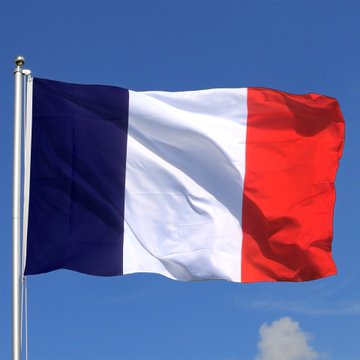 The French tricolor flag, featuring blue, white, and red vertical stripes, waves against a clear blue sky, symbolizing France's governmental action to block Polymarket due to illegal gambling concerns.