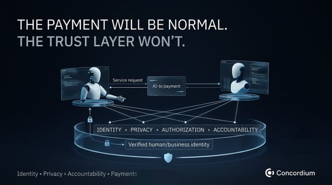 A Concordium promotional graphic stating 'THE PAYMENT WILL BE NORMAL. THE TRUST LAYER WON'T.' showing a diagram with AI service requests, human/business identity verification, and the elements of Identity, Privacy, Authorization, and Accountability.