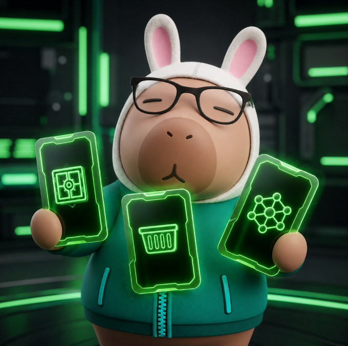 A cartoon character wearing a bunny-eared hoodie and glasses holds three glowing green cards featuring icons, symbolizing developer tools and documentation. The image reinforces the post's message by visually representing the focused, substance-over-hype approach of projects like @CNPYNetwork that prioritize real infrastructure and clear documentation.