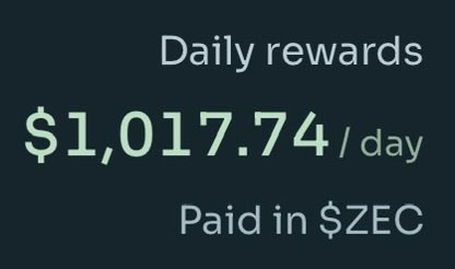 A graphic showing 'Daily rewards $1,017.74 / day Paid in $ZEC' on a dark background.