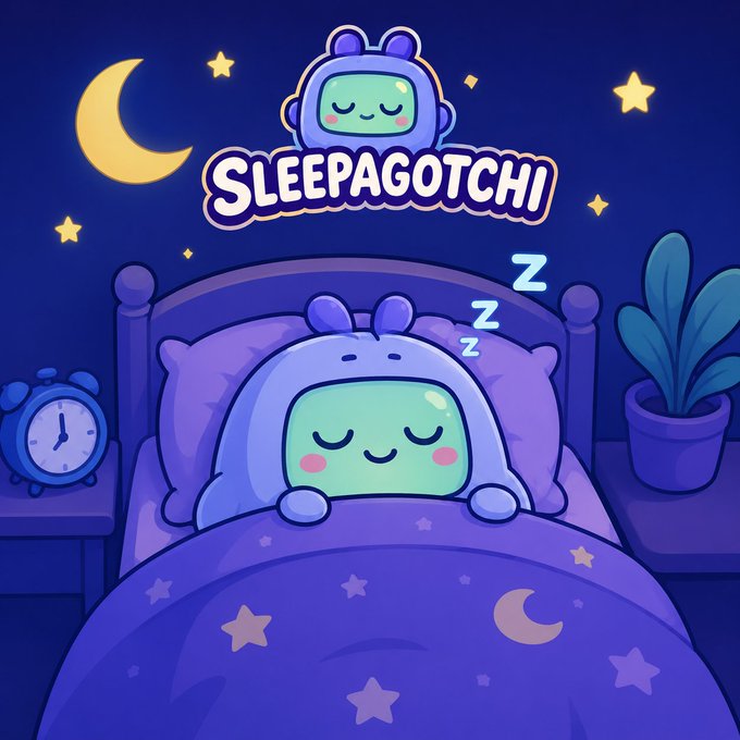 The image features a cartoon robot wearing a blue suit with a green headband that says "Sleeping" while lying down in bed, surrounded by stars. The text above the robot reads "Sleepagotchi", which suggests this is a game or an app related to sleep tracking and management.

In the background, there are two clocks - one on each side of the image. A potted plant can be seen near the bottom right corner of the image. The overall scene conveys a sense of relaxation and tranquility associated with good sleep habits.