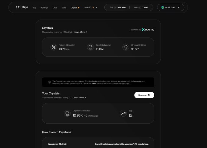 A screenshot of the Multipli platform showing 'Crystals' statistics, including a Token Allocation of 24.70 bps, 15.46M Crystals Issued, and 118,377 Crystal Holders.