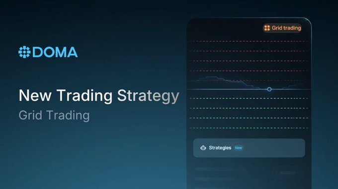 An advertisement for DOMA introduces a New Trading Strategy called Grid Trading, showing a smartphone interface with a price chart featuring red and green dotted grid lines.