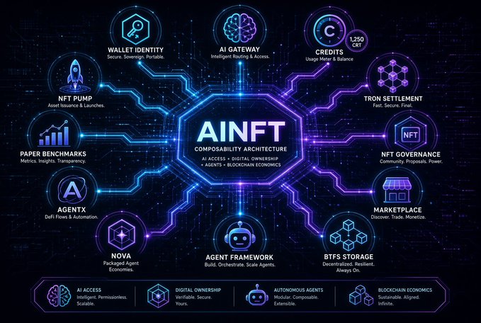 A futuristic infographic showcasing the AINFT Composability Architecture, centered on a hexagonal hub labeled "AINFT" with surrounding nodes including Wallet Identity, AI Gateway, Credits (1,250 CST), TRON Settlement, NFT Governance, Marketplace, BTFS Storage, Agent Framework, NOVA, AGENTX, Paper Benchmarks, and NFT Pump. A bottom banner highlights the four pillars: AI Access, Digital Ownership, Autonomous Agents, and Blockchain Economics—visually mapping how the components integrate into a unified ecosystem, as emphasized in the post about AINFT's composability-driven design.