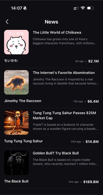 A "News" feed on a mobile app displays trending meme coin updates, with Chiikawa topping the list at $2.1M, followed by Jimmy The Raccoon ($6.4M), Tung Tung Tung Sahur ($14.8M), and The Black Bull ($189.8M) — aligning with the post's Pump Fun alpha on $Chiikawa.