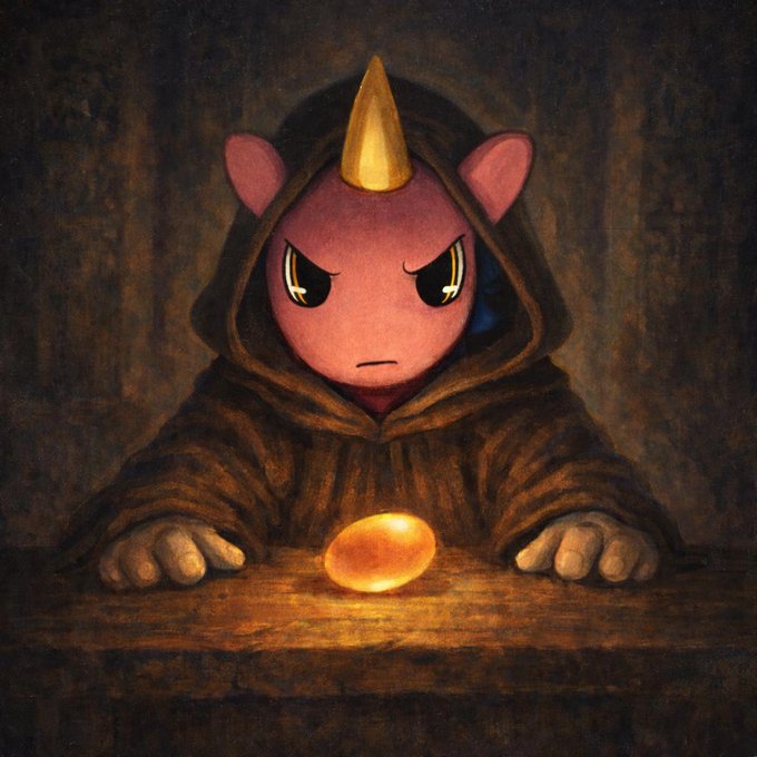 A fantasy painting of a small red devil-like creature with a golden horn, wearing a dark hooded robe, sitting at a wooden table with a glowing golden orb in front of it.