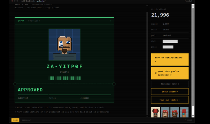 A terminal interface for 'zadk' shows a 'WATCHLIST' with a pixelated character NFT labeled 'ZA-YITPOF' marked as 'APPROVED' alongside mint details.