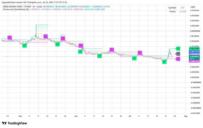 TradingView chart of GREEN SATOSHI TOKEN (GST/USDT) on Binance 4h timeframe, showing a -12.56% trend with various support/resistance levels marked from May to July 2024.