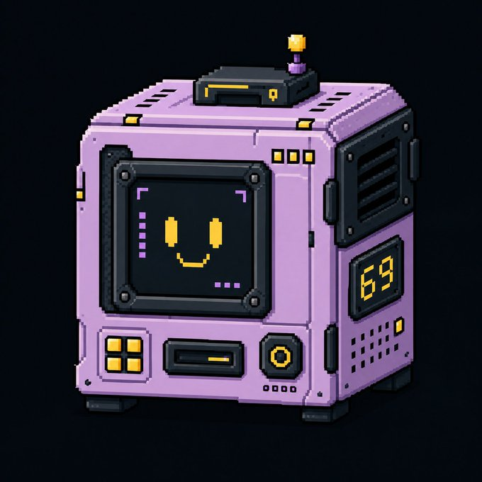 A pixel art illustration of a purple cube-shaped robot/device with a smiling face on a screen and the number '69' displayed.