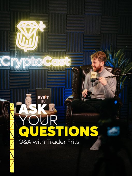 A podcast setup with 'CryptoCast' neon signage in the background, featuring a man sitting in a leather chair with text reading 'ASK YOUR QUESTIONS - Q&A with Trader Frits' and a 'BYB'T EU' book.