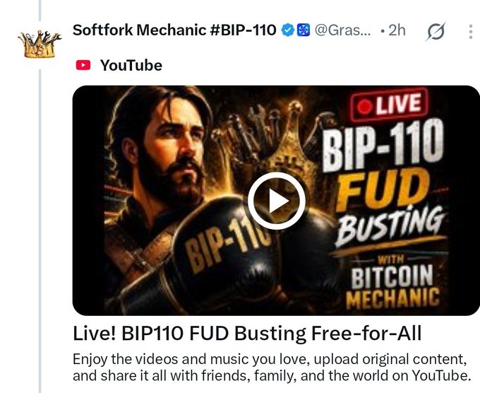 A Twitter/X post from 'Softfork Mechanic #BIP-110' (@Gras...) promoting a YouTube livestream titled 'BIP-110 FUD BUSTING WITH BITCOIN MECHANIC' featuring a boxer-themed thumbnail.
