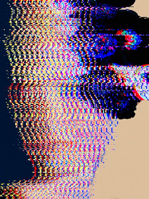 A heavily glitched and pixelated image with chromatic aberration showing distorted colorful patterns.