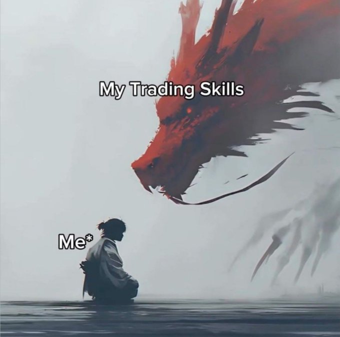 A small kneeling figure labeled "Me*" faces a massive, intimidating red dragon labeled "My Trading Skills." The post "Fact" humorously underscores the meme's relatable message that despite traders' confidence in their abilities, they're often dwarfed and powerless compared to the volatile, beast-like market forces they try to tame.