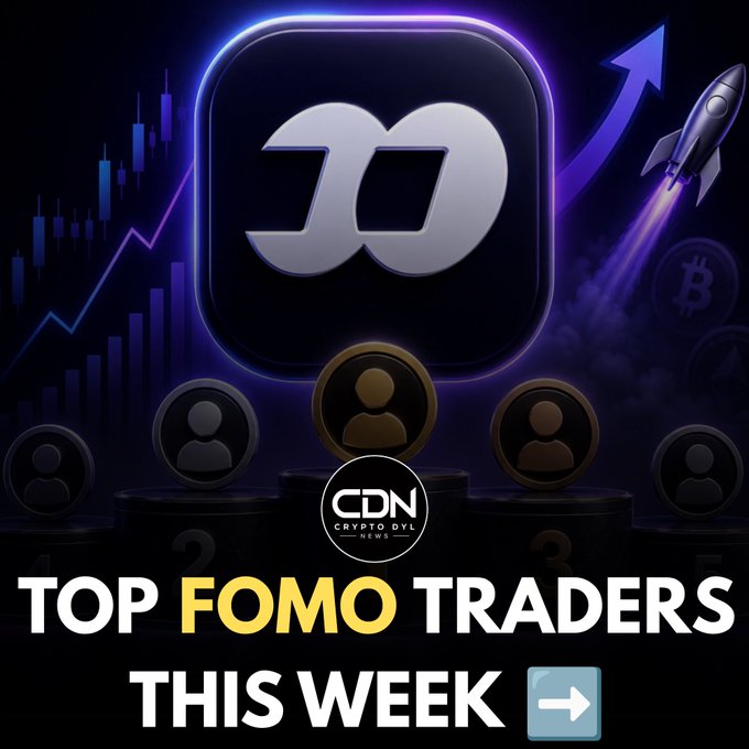The image is a promotional graphic featuring the "FOMO" app logo centered on a podium, flanked by three trader avatars (with the top trader highlighted in gold), set against a backdrop of rising cryptocurrency charts and a rocket symbolizing growth. Bold text reads "TOP FOMO TRADERS THIS WEEK" with a forward arrow, while the "CDN Crypto Dyl News" watermark appears in the center, reinforcing the post's announcement of the week's top FOMO traders.