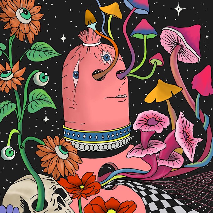 A vibrant, surreal illustration features a pink root-like creature with multiple eyes and lips, surrounded by colorful flowers, mushrooms, and a checkered pattern against a starry black background.