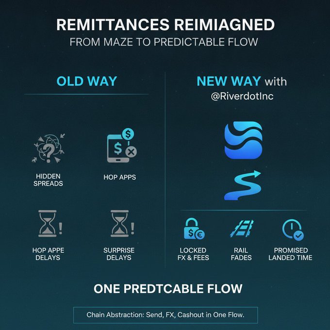 The image, titled "Remittances Reimagined: From Maze to Predictable Flow," contrasts the "Old Way" (featuring hidden spreads, hop apps, hop app delays, and surprise delays) with the "New Way" using "@RiverdotInc" (showing locked FX & fees, rail fades, and promised landed time), culminating in "ONE PREDICTABLE FLOW." It visually reinforces the post's message by illustrating how chain abstraction transforms fragmented remittance challenges into a single, reliable transaction.