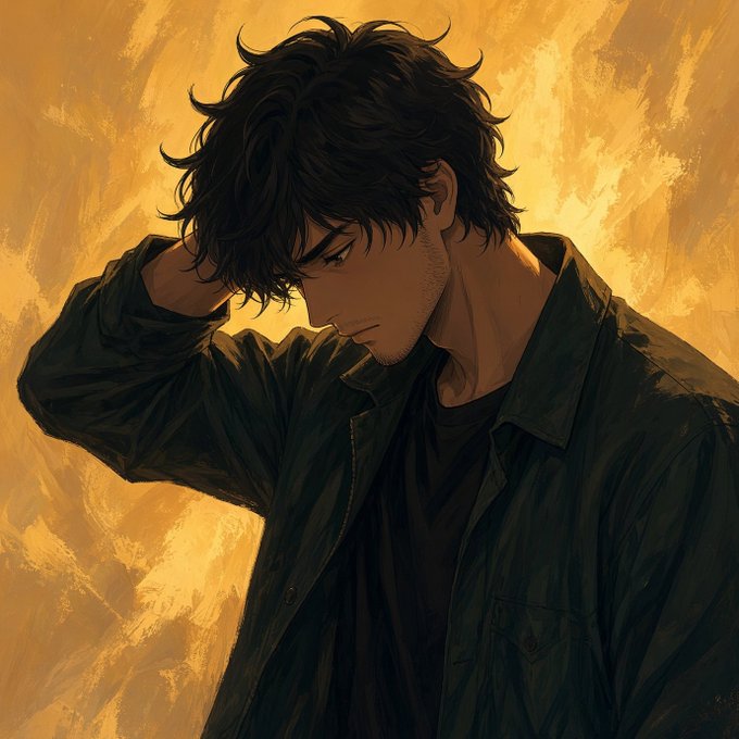 A digital illustration of a young man with messy black hair wearing a dark shirt, looking down against a textured yellow and orange background.
