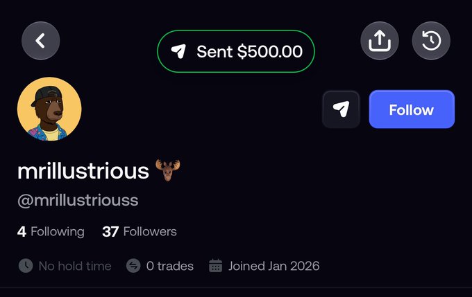 A profile page for user "mrillustrous" (@mrillustrouss) shows a "$500.00" sent badge at the top, reflecting the post's theme of traders giving back to newcomers onchain. The account has 37 followers, 4 following, 0 trades, and joined in January 2026, illustrating the FOMO tradition of supporting those just beginning their journey.