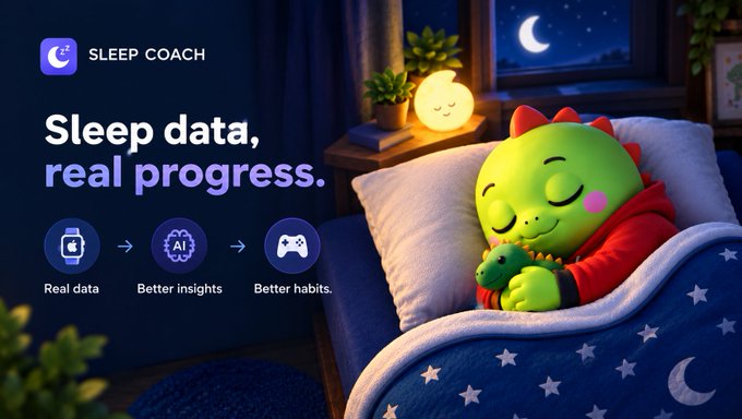 A promotional graphic for a 'SLEEP COACH' app featuring the tagline 'Sleep data, real progress.' alongside icons showing a workflow from 'Real data' to 'Better insights' to 'Better habits,' with a cute green dinosaur character sleeping in bed.