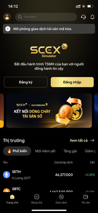 Screenshot of the SCEX Simulator mobile app in Vietnamese, featuring a SACOMBANK promotional banner and market listings for SETH (46,377,000) and $BTC.