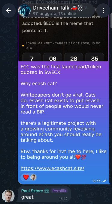 A Telegram chat titled “Drivechain Talk” shares text about ECASH, including “ECC was the first launchpad/token quoted in $ECX,” a visible link “https://www.ecashcat.site/,” and reactions including a heart and “great.”