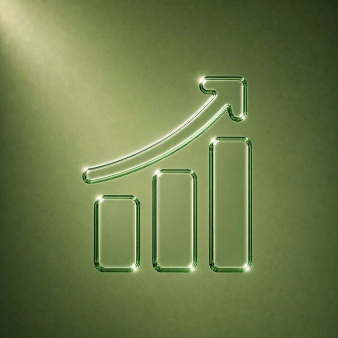 A glowing green neon bar chart icon with an upward-pointing arrow, set against a moody green background, visually reinforces the impressive growth metrics of the $PONS protocol—highlighting the rising revenue, creator earnings, and expanding ecosystem of users, developers, and holders as the v2 launch approaches.