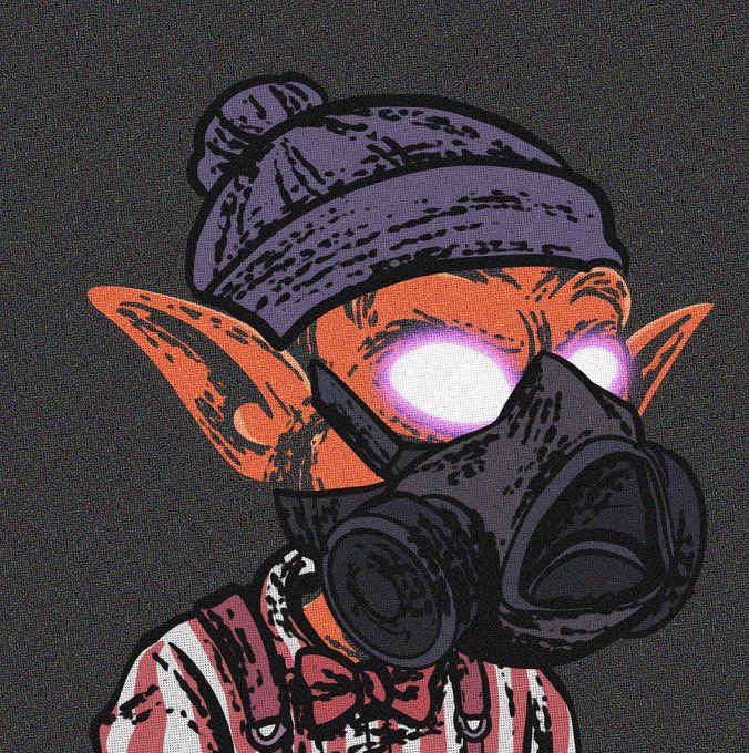 A stylized illustration shows an orange-skinned goblin character wearing a purple beanie, glowing pink eyes, and a black gas mask, dressed in a striped shirt with suspenders. The image's edgy, dark aesthetic and unique character design align with the post's excitement about new artwork and development progress on the @GuildGrime project.