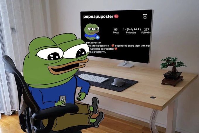A cartoon Pepe the Frog sits casually in an office chair at a clean desk setup, holding a smartphone while looking at a monitor displaying an Instagram-style profile for "pepeapuposter" with 83 Posts, 1k Followers, and 227 Following. The image humorously illustrates the post's caption about waking up to a "3fig win," showing the mascot character seemingly checking their social media stats in a relaxed morning setup.