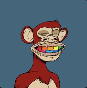 A cartoonish red monkey character with closed eyes and a wide grin, smiling to reveal rainbow-colored teeth.