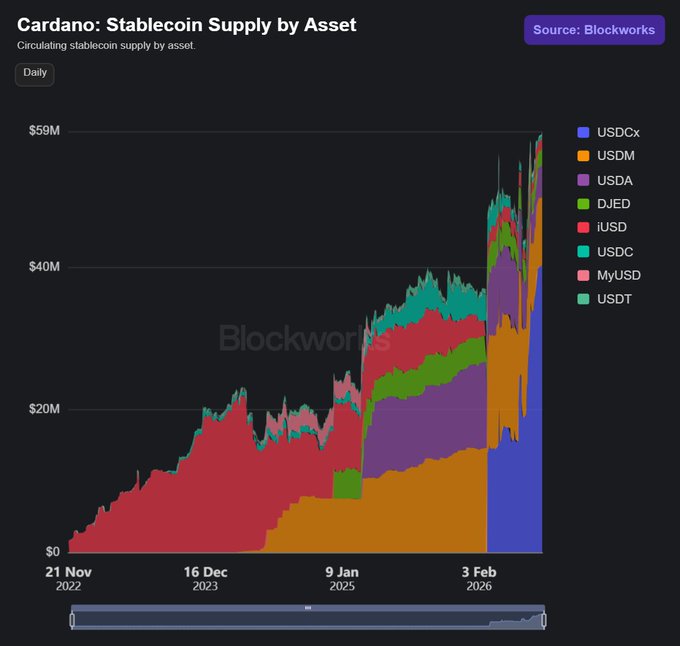 A Blockworks stacked area chart titled 'Cardano: Stablecoin Supply by Asset' shows daily circulating stablecoin supply growing from $0 to nearly $59M between Nov 2022 and Feb 2026, with major contributions from iUSD, USDM, USDA, and USDCx.