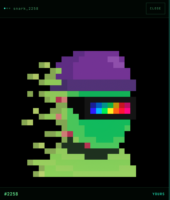 A pixel art piece by user 'snark_2258' labeled '#2258' depicts a green zombie-like figure with a glitched, colorful visor against a black background, with a 'CLOSE' button in the top right and 'YOURS' at the bottom right.